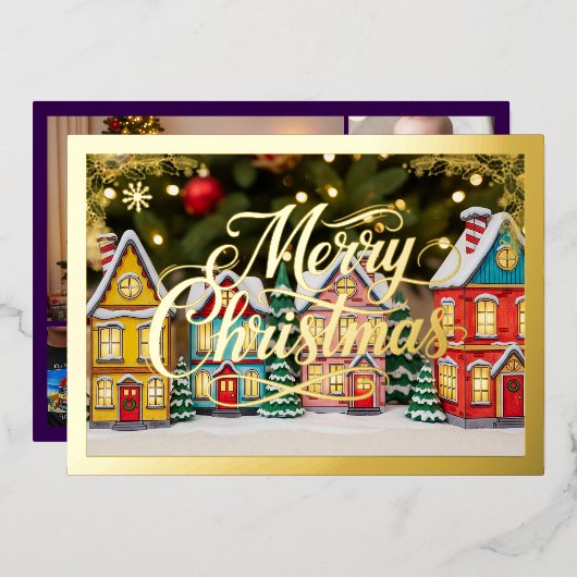 Vrolijk kerstdorp herbergt Paarse gouden Folie Feestdagenkaart (Voorkant / Achterkant)