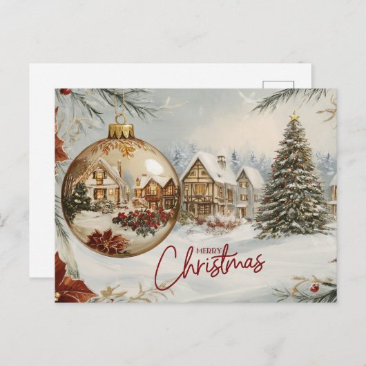 Vrolijk kerstdorp, kerstboom, Ornament Feestdagenkaart (Voorkant / Achterkant)