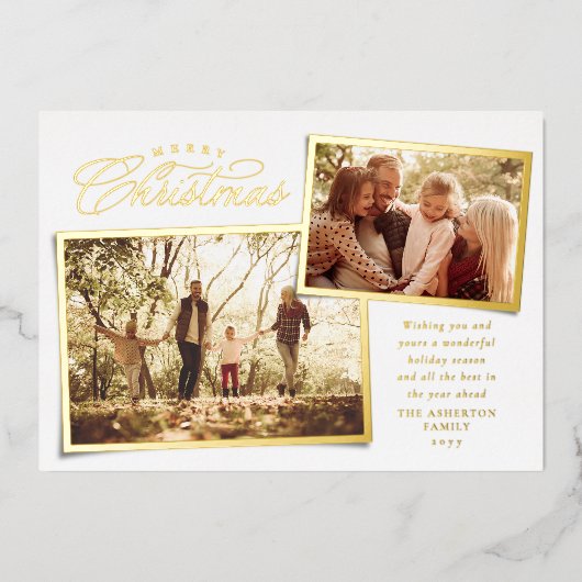 Vrolijk kerstelegant met twee foto's goudwit folie feestdagenkaart (Voorkant)