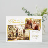 Vrolijk kerstelegant met twee foto's goudwit folie feestdagenkaart (Staand Voorkant)
