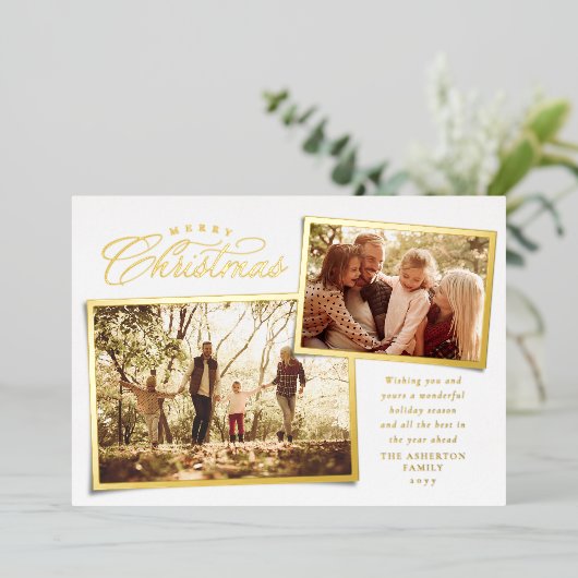 Vrolijk kerstelegant met twee foto's goudwit folie feestdagenkaart (Staand Voorkant)