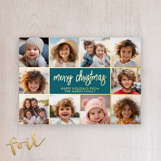 Vrolijk kerstfeest - 10 foto - Modern Script Gold Folie Feestdagenkaart