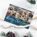 Vrolijk kerstfeest 10 fotocollage folie feestdagenkaart<br><div class="desc">Elegant kerstvakantie gouden folie met een stijlvolle,  diepe blauwe achtergrond,  een 10 vierkante fotocollage die het hele jaar door herinneringen verzamelt,  de seizoenen begroeten "vrolijke kerst",  familienaam en het jaar.</div>