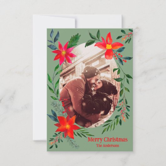 Vrolijk kerstfeest 1 Foto Waterverf Floral Holiday Bedankkaart (Voorkant)