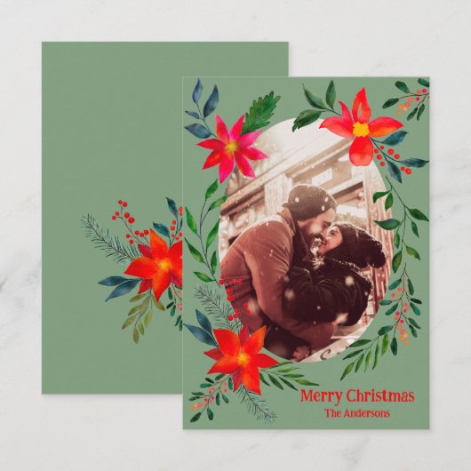 Vrolijk kerstfeest 1 Foto Waterverf Floral Holiday Bedankkaart (Voorkant / Achterkant)