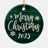 Vrolijk Kerstfeest 2023 Groen Plaid Keramisch Ornament (Voorkant)
