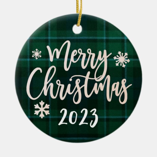 Vrolijk Kerstfeest 2023 Groen Plaid Keramisch Ornament (Voorkant)