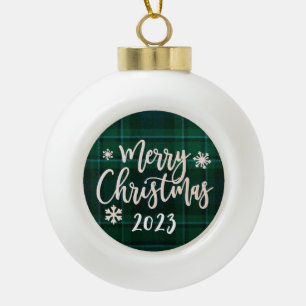 Vrolijk Kerstfeest 2023 Groen Plaid Keramische Bal Ornament