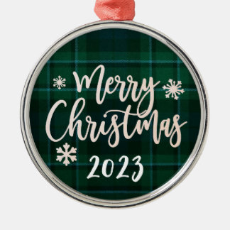 Vrolijk Kerstfeest 2023 Groen Plaid Metalen Ornament