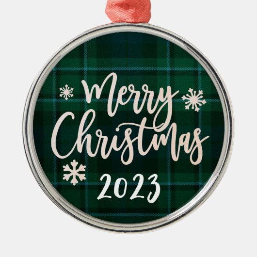 Vrolijk Kerstfeest 2023 Groen Plaid Metalen Ornament (Voorkant)