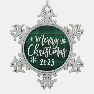 Vrolijk Kerstfeest 2023 Groen Plaid Tin Sneeuwvlok Ornament