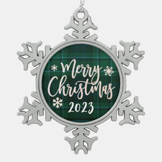 Vrolijk Kerstfeest 2023 Groen Plaid Tin Sneeuwvlok Ornament (Voorkant)