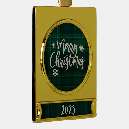 Vrolijk Kerstfeest 2023 Groen Plaid Verguld Banner Ornament (Rechts)