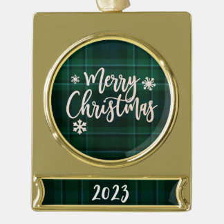 Vrolijk Kerstfeest 2023 Groen Plaid Verguld Banner Ornament