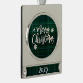 Vrolijk Kerstfeest 2023 Groen Plaid Verzilverd Banner Ornament (Rechts)