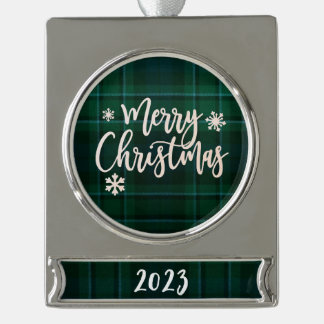 Vrolijk Kerstfeest 2023 Groen Plaid Verzilverd Banner Ornament