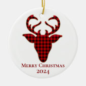 Vrolijk Kerstfeest 2024 Rood & Zwart Plaid Rendier Keramisch Ornament (Voorkant)