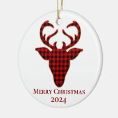 Vrolijk Kerstfeest 2024 Rood & Zwart Plaid Rendier Keramisch Ornament (Links)