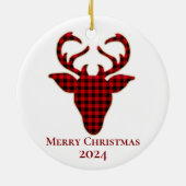Vrolijk Kerstfeest 2024 Rood & Zwart Plaid Rendier Keramisch Ornament (Achterkant)