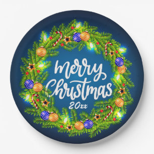 Vrolijk kerstfeest 20XX groen Wreath op blauw 9" Papieren Bordje