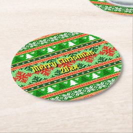 Vrolijk kerstfeest 20XX met kerstcadeautjes Ronde Kartonnen Onderzetter