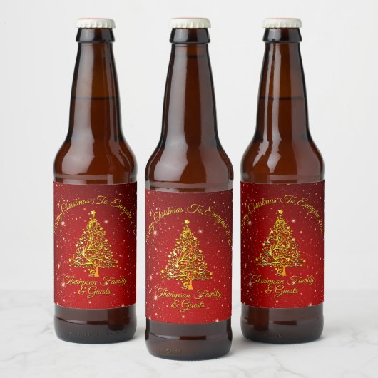Vrolijk Kerstfeest 20XX Red Gold Tree Stars Bier Etiket (Flessen)