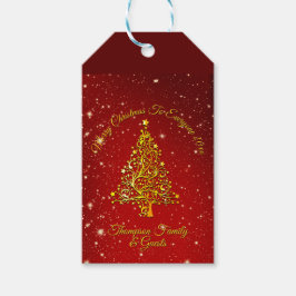 Vrolijk Kerstfeest 20XX Red Gold Tree Stars Cadeaulabel