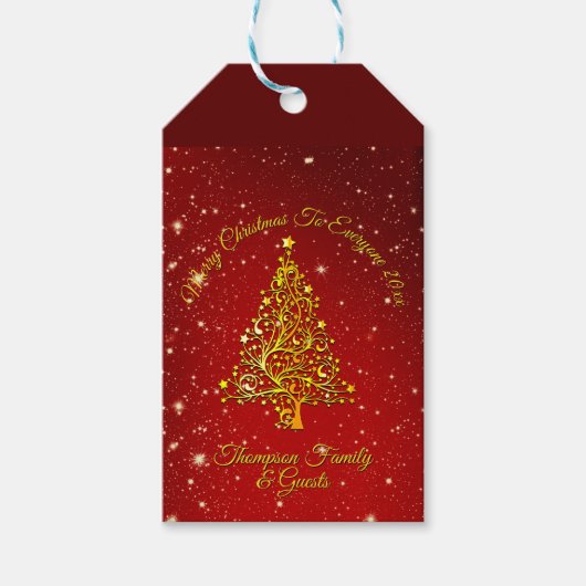 Vrolijk Kerstfeest 20XX Red Gold Tree Stars Cadeaulabel (Voorkant)