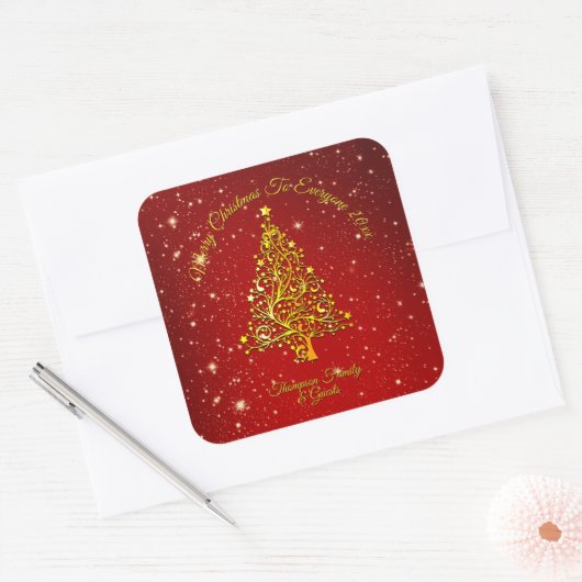 Vrolijk Kerstfeest 20XX Red Gold Tree Stars Vierkante Sticker (Envelop)