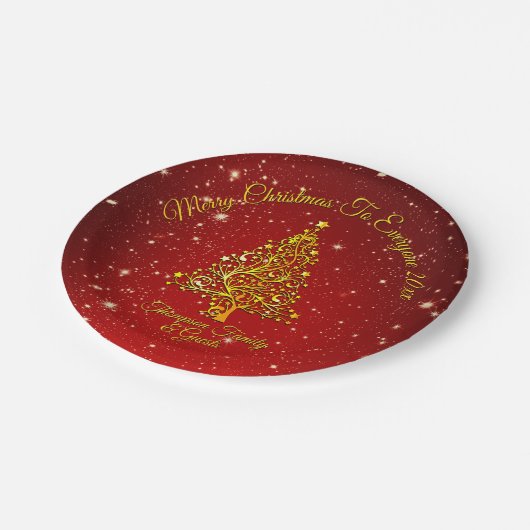 Vrolijk Kerstfeest 20XX Rode Gouden Boom Sterren 7 Papieren Bordje (Gekanteld)