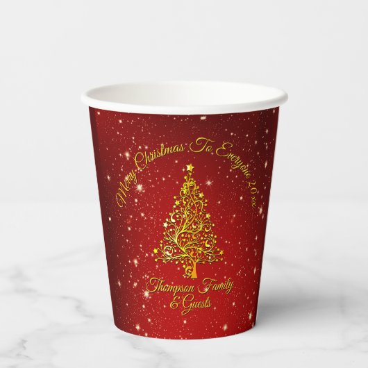 Vrolijk Kerstfeest 20XX Rood Goud Boom Sterren 8oz Papieren Bekers (Achterkant)