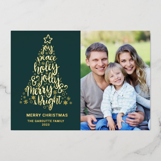 Vrolijk kerstfeest 2 foto goud folie feestdagenkaart (Voorkant)
