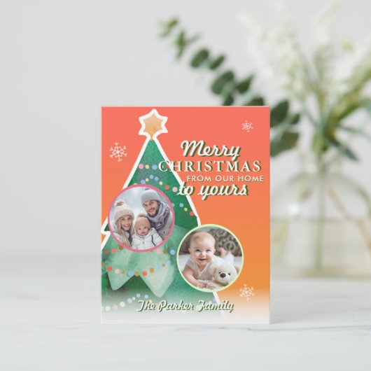 vrolijk kerstfeest! 2 foto, kerstboom feestdagenkaart (Staand voorkant)
