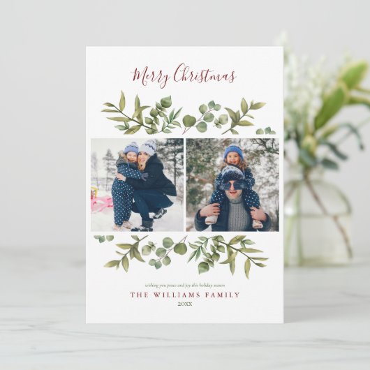 Vrolijk Kerstfeest 2 Foto Modern groen Bladgroen Feestdagenkaart (Staand voorkant)