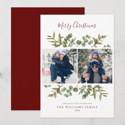 Vrolijk Kerstfeest 2 Foto Modern groen Bladgroen Feestdagenkaart (Voorkant / Achterkant)