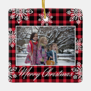 Vrolijk kerstfeest 2 Foto Snowflakes Red Pset Keramisch Ornament