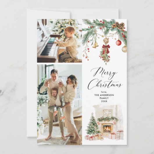 Vrolijk Kerstfeest 2 Foto Winter Scene & Greenery Feestdagenkaart (Voorkant)