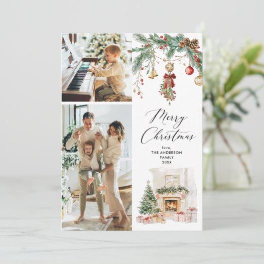 Vrolijk Kerstfeest 2 Foto Winter Scene & Greenery Feestdagenkaart (Staand voorkant)