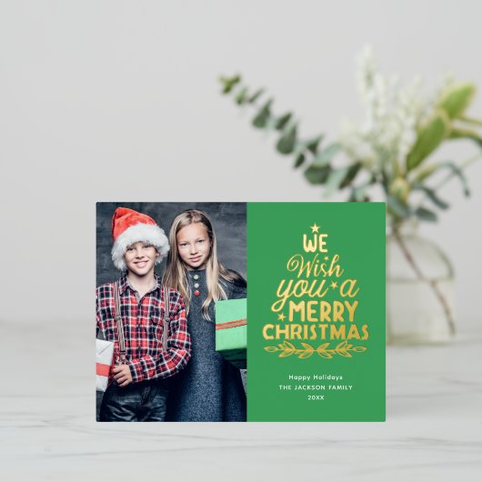 Vrolijk kerstfeest 2 foto's goud folie feestdagen briefkaart (Staand Voorkant)