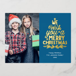 Vrolijk kerstfeest 2 foto's goud folie feestdagen briefkaart