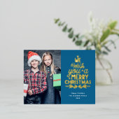 Vrolijk kerstfeest 2 foto's goud folie feestdagen briefkaart (Staand Voorkant)