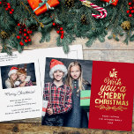 Vrolijk kerstfeest 2 foto's gouden Folie Folie Feestdagen Briefkaart<br><div class="desc">Een modern briefkaart met feestelijke kerstcadeautjes, aanpasbaar met een van uw favoriete kerstportretten aan de voorkant, naast een mooie gouden folie met de titel "Wij wensen u een vrolijk kerstfeest" op een heldere rode achtergrond. Op het omgekeerde van het briefkaart, kunt u uw terugkeeradres, een tweede personalizable foto, en uw...</div>