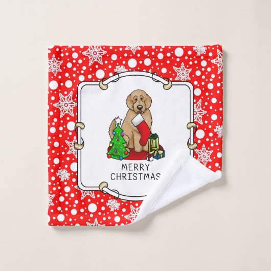 Vrolijk kerstfeest 2 Goldendoedel (gouden rood) Bad Handdoek (Wasdoekje)