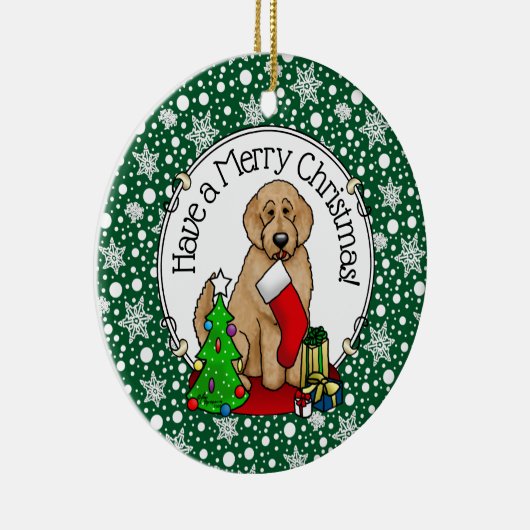 Vrolijk kerstfeest 2 Goldendoedel (gouden rood) Keramisch Ornament (Rechts)