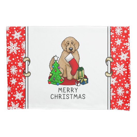 Vrolijk kerstfeest 2 Goldendoedel (gouden rood) Kussensloop (Voorkant-Links)