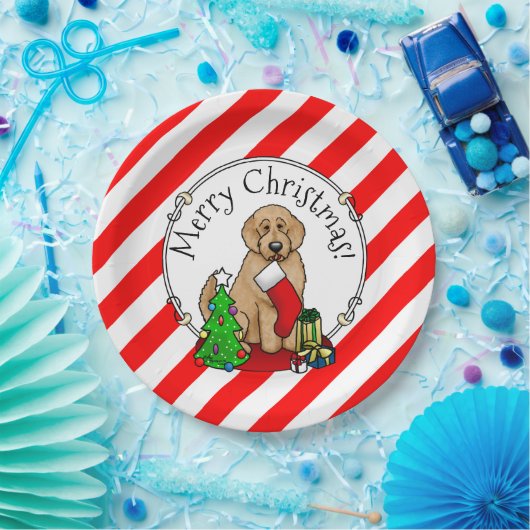 Vrolijk kerstfeest 2 Goldendoedel (gouden rood) Papieren Bordje (Feest)