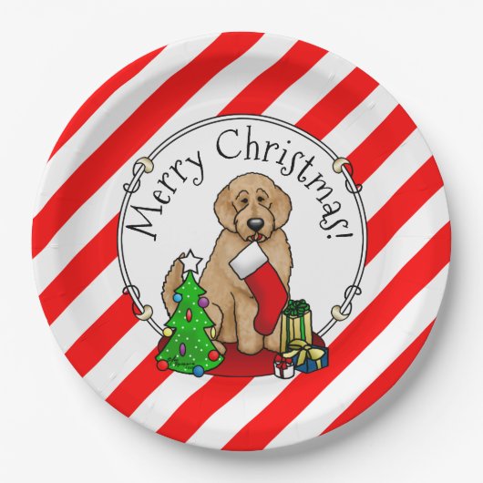 Vrolijk kerstfeest 2 Goldendoedel (gouden rood) Papieren Bordje (Voorkant)