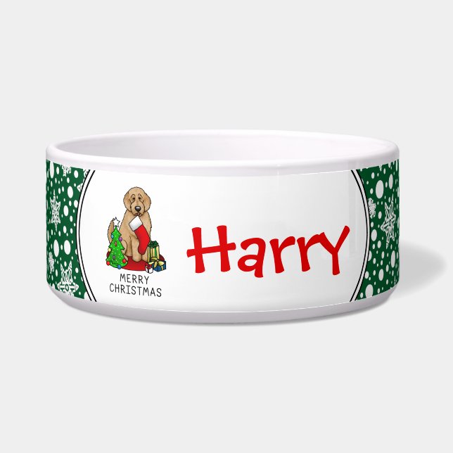 Vrolijk kerstfeest 2 Goldendoedel (gouden rood) Voerbakje (Voorkant)