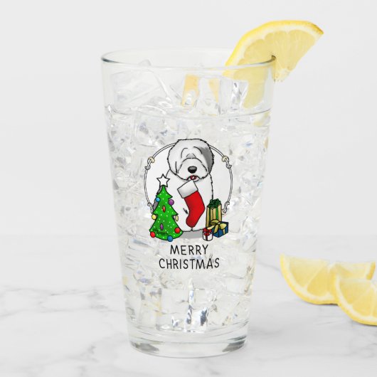 Vrolijk kerstfeest 2 Oude Engelse Sheepdog Grey 1 Glas (Achterkant ijs)