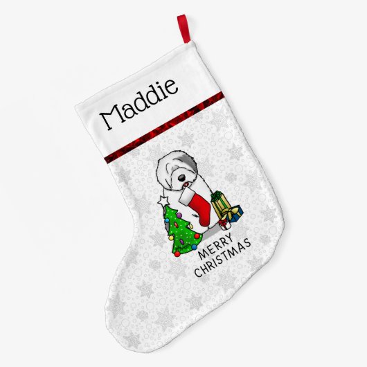 Vrolijk kerstfeest 2 Oude Engelse Sheepdog Grey 1 Grote Kerstsok (Achterkant (Hangend))